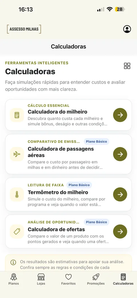Tela do aplicativo com calculadoras de milheiro, passagens e ofertas